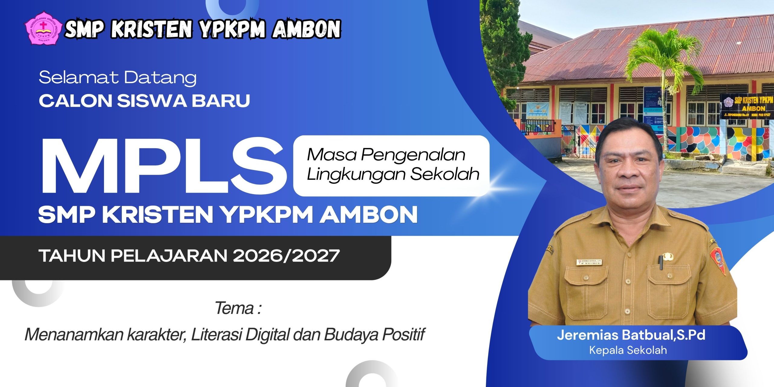 Biru dan Putih Modern Sambutan MPLS Pendidikan Banner